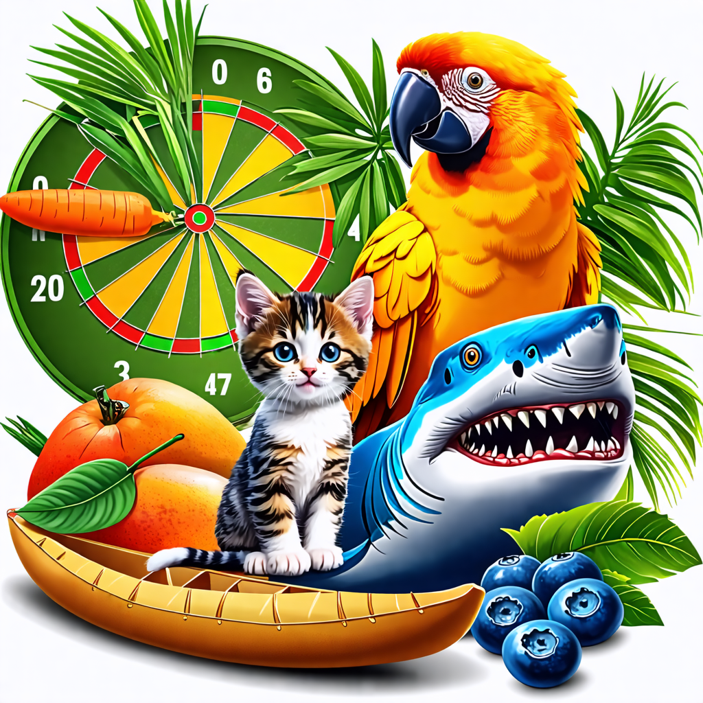 mango, kitten, snake, dartboard, parrot, canoe, carrot, blueberry, shark, palm tree